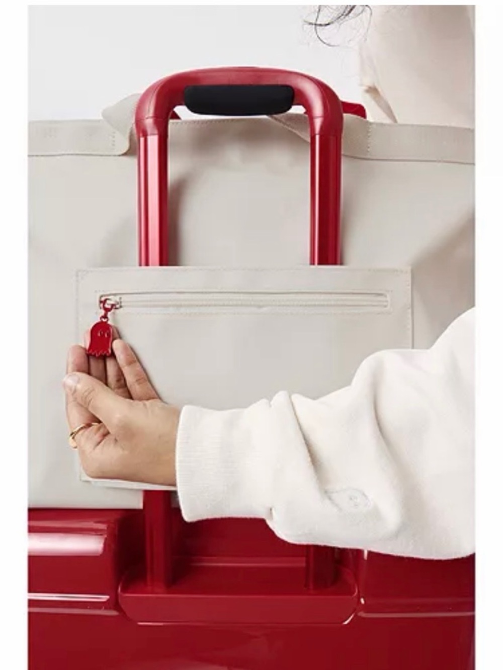 LONELY GHOST White Canvas Tote with Red Straps and Red Slogan - Picture 3 of 7